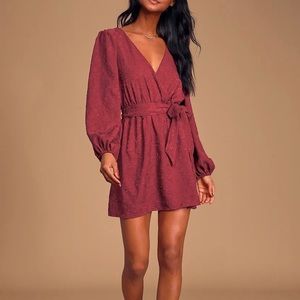 Lulus floral jacquard balloon sleeve skater dress in burgundy